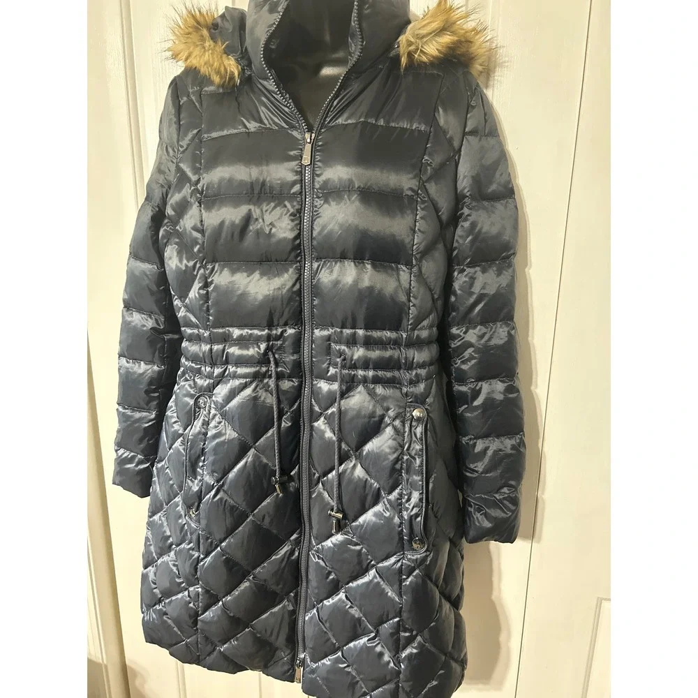 Dawn Levy Womens Puffer‎ Coat Quilted Faux Fur Hooded Drawstring Waist Size M
